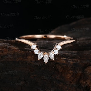Curved wedding band women Unique Marquise cut Moissanite diamond vintage Rose gold wedding band Solid 14K Gold Matching Bridal Promise gift