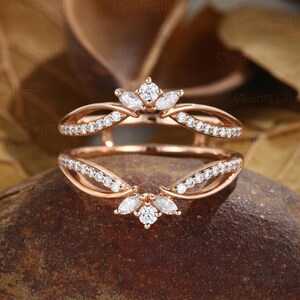 Vintage Moissanite Curved wedding band Rose gold double wedding band womenunique marquise diamond enhancer ring matching bridal promise gift