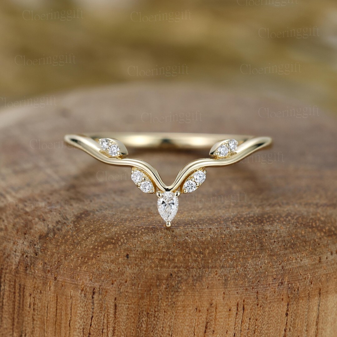 Unique Marquise Lab Diamonds Wedding Band 14K Yellow Gold Curved ...
