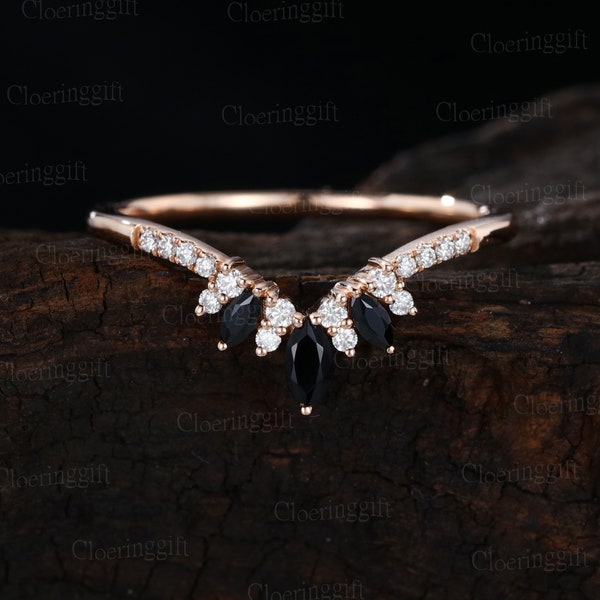 Unique Black Onyx wedding band Marquise wedding band Rose gold wedding band Vintage diamond ring stacking matching promise ring Anniversary