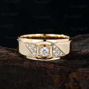 Vintage Solid Gold Moissanite Ring Men&#39;s  ring Channel Set Moissanite Ring 14k Yellow Gold Engagement Ring Diamond man ring wedding ring