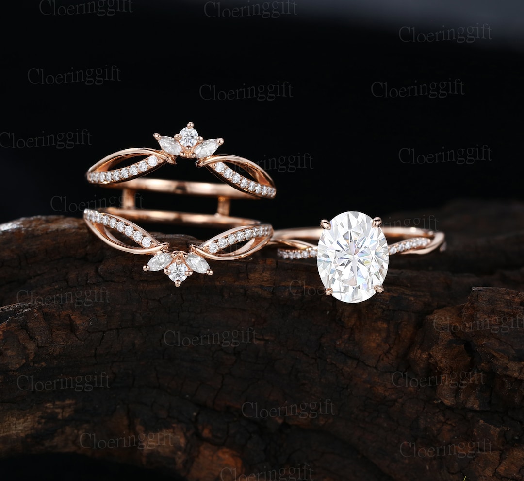 Unique Oval Moissanite Engagement Ring Set Yellow Gold Double Wedding ...
