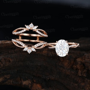 Unique Oval moissanite engagement ring set Yellow gold double wedding ring vintage twisted band ring enhancer ring wedding Bridal ring set