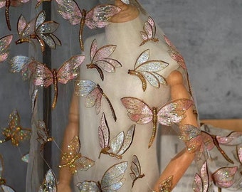 Tela de encaje de libélula, tela de malla de tul de boda, tela bordada, tela de boda, tela de vestido de banquete, tela de diseñador, tela cortada a medida