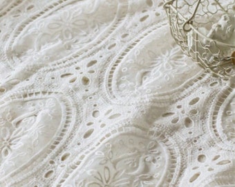 Witte kanten stof, geborduurde bloemenstof, meubelstof, designerstof, Franse stof, bruidsstof, kanten stof, stof per halve meter