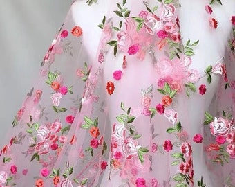 Hermosa tela de encaje floral, tela de malla de tul de boda, tela bordada, tela de boda, tela de vestido de novia, tela de diseñador, tela cortada a medida