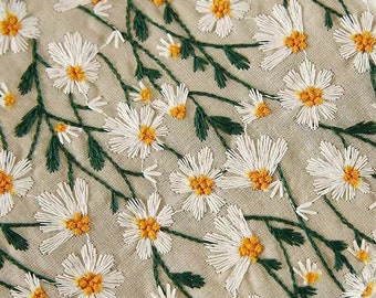 Daisy Linen Embroiderd Fabric,Embroidered Daisy Fabric,Floral Fabric, Daisy Fabric,Dress Fabric,Designer Fabric,Cotton Fabric,Fabric By Yard