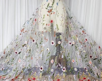 Tela floral colorida, tela de malla de tul de boda, tela de encaje bordado, tela de boda, tela de vestido de novia, tela de diseñador, tela cortada a medida