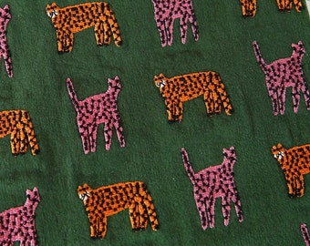 Tela de algodón de lino bordado de tigre, tela bordada verde, tela de diseñador, tela acolchada, tela cortada a medida, tela gruesa, tela de lino