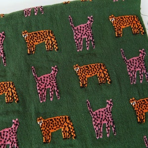 Tiger Embroiderd Linen Cotton Fabric,Green Embroidered Fabric,Designer Fabric,Quilting Fabric,Fabric By Yard,Thick Fabric,Linen Fabric