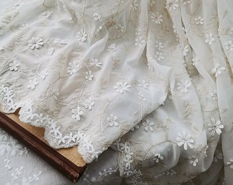 White Lace Wedding Chiffon Fabric,Embroidered Floral Fabric,Wedding Fabric,Upholstery Fabric,Dress Fabric,Floral Fabric,Fabric by 1/2 yard