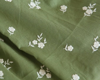 Green Floral Linen Fabric,Embroidered Fabric,Flower Linen Fabric,Linen Fabric,Quilting Fabric,Designer Fabric,Fabric By Yard,Daisy Fabric