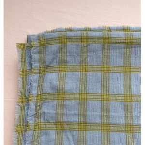 May include: A light blue and olive green plaid scarf featuring a textured, crinkled fabric surface. The scarf has a frayed, raw edge finish along the side and includes a delicate row of small eyelet perforations running parallel to the border.
