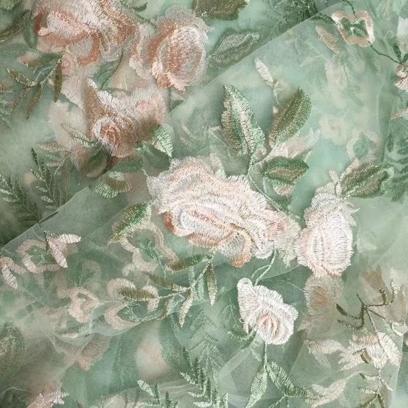 Tissu dentelle florale rose verte,Tissu tulle pour mariage,Tissu brodé,Tissu pour mariage,Tissu pour robe de mariée,Tissu de créateur,Tissu par mètre Vert