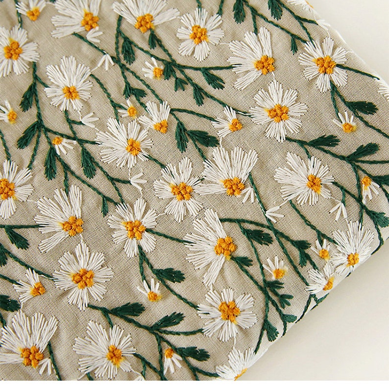 Linen Daisy Embroiderd Cotton Fabricfloral Embroidered - Etsy
