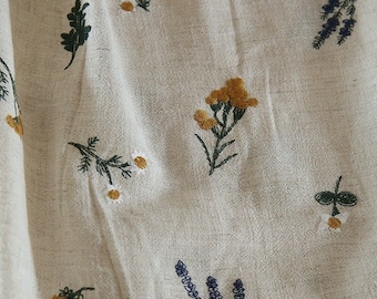 Floral Linen Embroidered Fabric,Plant Embroidered Fabric,Floral Linen Fabric,Quilting Fabric,Designer Fabric, Fabric By Yard,Linen Fabric