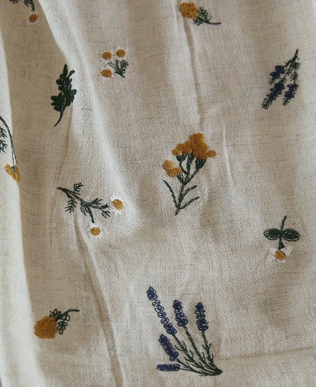 Floral Linen Embroidered Fabric,Plant Embroidered Fabric,Floral Linen Fabric,Quilting Fabric,Designer Fabric, Fabric By Yard,Linen Fabric