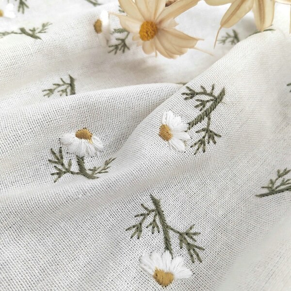 Embroidered Linen Fabric,Daisy Fabric,Outdoor Fabric,Cotton linen fabric,Fabric by Yard,Upholstery Fabric,Curtain Fabric,Tablecloth Fabric