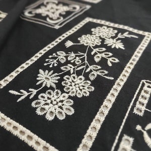 Floral Embroidered Fabric,Cotton Fabric,Upholstery Fabric,Fabric by the Yard,Dress Fabric,Black Fabric,Apparel Fabric,Daisy Fabric