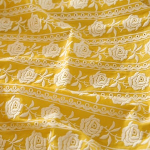Yellow Rose Cotton Embroiderd Fabric,Floral Fabric,Rose Embroidered Fabric,Quilting Fabric,Designer Fabric,Fabric By Yard,Cotton Fabric