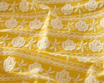 Yellow Rose Cotton Embroiderd Fabric,Floral Fabric,Rose Embroidered Fabric,Quilting Fabric,Designer Fabric,Fabric By 1/2 Yard,Cotton Fabric