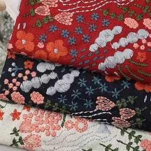 Floral Embroidered Cotton Linen Fabric, Red Floral Fabric,Japanese Fabric,Quilting Fabric,Designer Fabric,Dress Fabric By Yard,Daisy Fabric