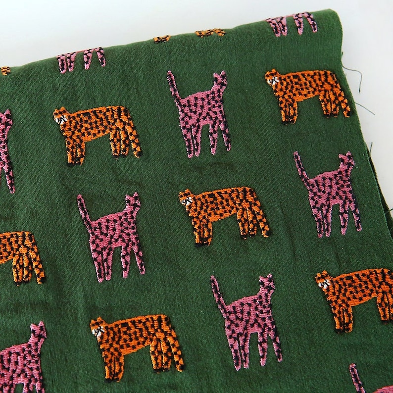 Tiger Embroiderd Linen Cotton Fabric,Green Embroidered Fabric,Designer Fabric,Quilting Fabric,Fabric By Yard,Thick Fabric,Linen Fabric zdjęcie 1