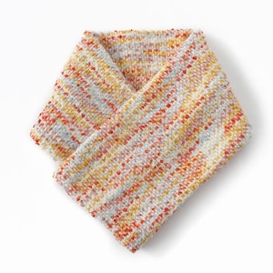 May include: A textured infinity scarf featuring a variegated knit pattern with flecks of orange, yellow, and light blue against a cream-colored base. The fabric has a soft, nubby appearance with a consistent weave throughout the entire garment.