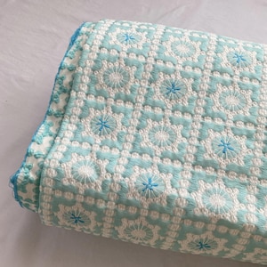 Puede incluir: Tela enrollada con un patrón bordado de diseños florales blancos y azul claro. La tela tiene una apariencia texturizada y un ribete azul contrastante. El diseño es un patrón repetitivo. La estética general es suave y delicada, adecuada para proyectos textiles.
