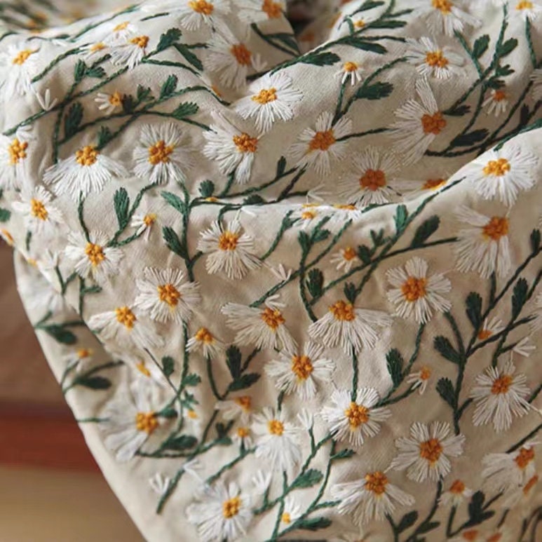Daisy Linen Embroiderd Fabricembroidered Daisy Fabricfloral - Etsy ...