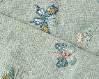 Blue Butterfly Linen Fabric,Embroidered Fabric,Flower Linen Fabric,Linen Fabric,Quilting Fabric,Designer Fabric,Fabric By Yard,Daisy Fabric