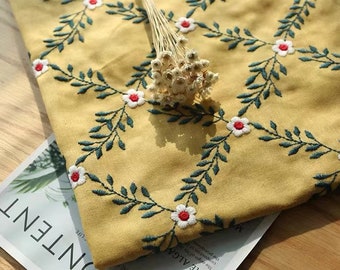 Yellow Floral Embroidered Fabric,Cotton Linen Fabric,Embroidered Fabric,Quilting Fabric,Designer Fabric,Fabric By 1/2 Yard,Japanese Fabric