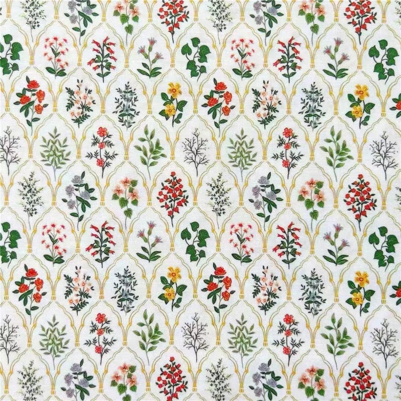 May include: A white background with a repeating pattern of yellow, green, red, and pink flowers. The flowers are arranged in a grid pattern with a gold lattice design.
