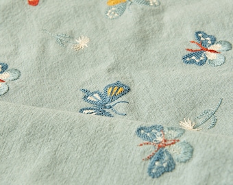 Blue Butterfly Linen Fabric,Embroidered Fabric,Flower Linen Fabric,Linen Fabric,Quilting Fabric,Fabric By 1/2 Yard,Daisy Fabric