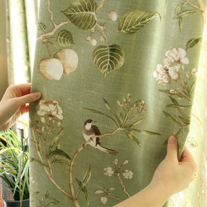 Green Floral Linen Cotton Fabric,Floral Curtain Fabric,Print Bird Fabric,Quilting Fabric,Designer Fabric,Fabric By Yard,Soft Fabric