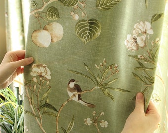 Green Floral Linen Cotton Fabric,Floral Curtain Fabric,Print Bird Fabric,Quilting Fabric,Designer Fabric,Fabric By Yard,Soft Fabric