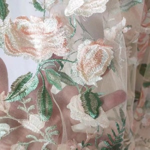 Tissu dentelle florale rose verte,Tissu tulle pour mariage,Tissu brodé,Tissu pour mariage,Tissu pour robe de mariée,Tissu de créateur,Tissu par mètre image 5