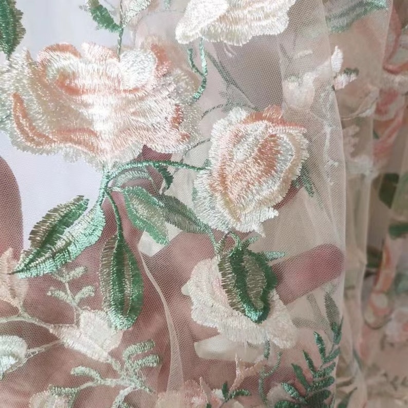 Tissu dentelle florale rose verte,Tissu tulle pour mariage,Tissu brodé,Tissu pour mariage,Tissu pour robe de mariée,Tissu de créateur,Tissu par mètre image 5