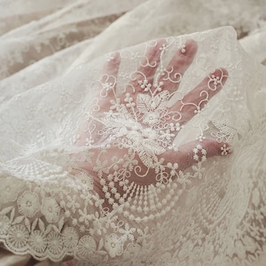 White Lace Wedding Cotton Fabric,Embroidered Floral Fabric,Designer Fabric,Organza Fabric,Dress Fabric,Wedding Arch Fabric,Fabric By Yard