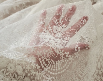 White Lace Wedding Cotton Fabric,Embroidered Floral Fabric,Designer Fabric,Organza Fabric,Dress Fabric,Wedding Arch Fabric,Fabric By Yard