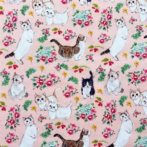 Tela de algodón con dibujos animados, tela japonesa, tela con estampado de gatos, tela con animales kawaii, tela de algodón con flores, tela acolchada, tela cortada a medida, tela suave