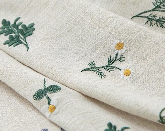 Floral Linen Embroidered Fabric,Plant Embroidered Fabric,Floral Linen Fabric,Quilting Fabric,Designer Fabric, Fabric By 1/2Yard,Linen Fabric