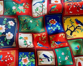 Tessuto di cotone stampato a fiori, tessuto con uccelli, tessuto floreale, tessuto per tende, tessuto vintage, tessuto al mezzo metro, tessuto di cotone, tessuto per tappezzeria
