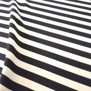Peut inclure: Gros plan sur un tissu à rayures noires et blanches audacieuses. Les rayures horizontales créent un motif classique et accrocheur. Le tissu semble lisse, peut-être tissé.