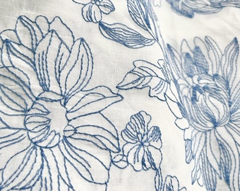 Blue and White Floral Cotton Fabric,Embroidered Floral Fabric,Upholstery Fabric,Designer Fabric,Cotton Fabric,Quilting Fabric,Fabric By Yard