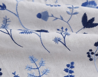 Floral Linen Embroidered Fabric,Floral Embroidered Fabric,Daisy Linen Fabric,Quilting Fabric,Designer Fabric, Fabric By Yard,Linen Fabric