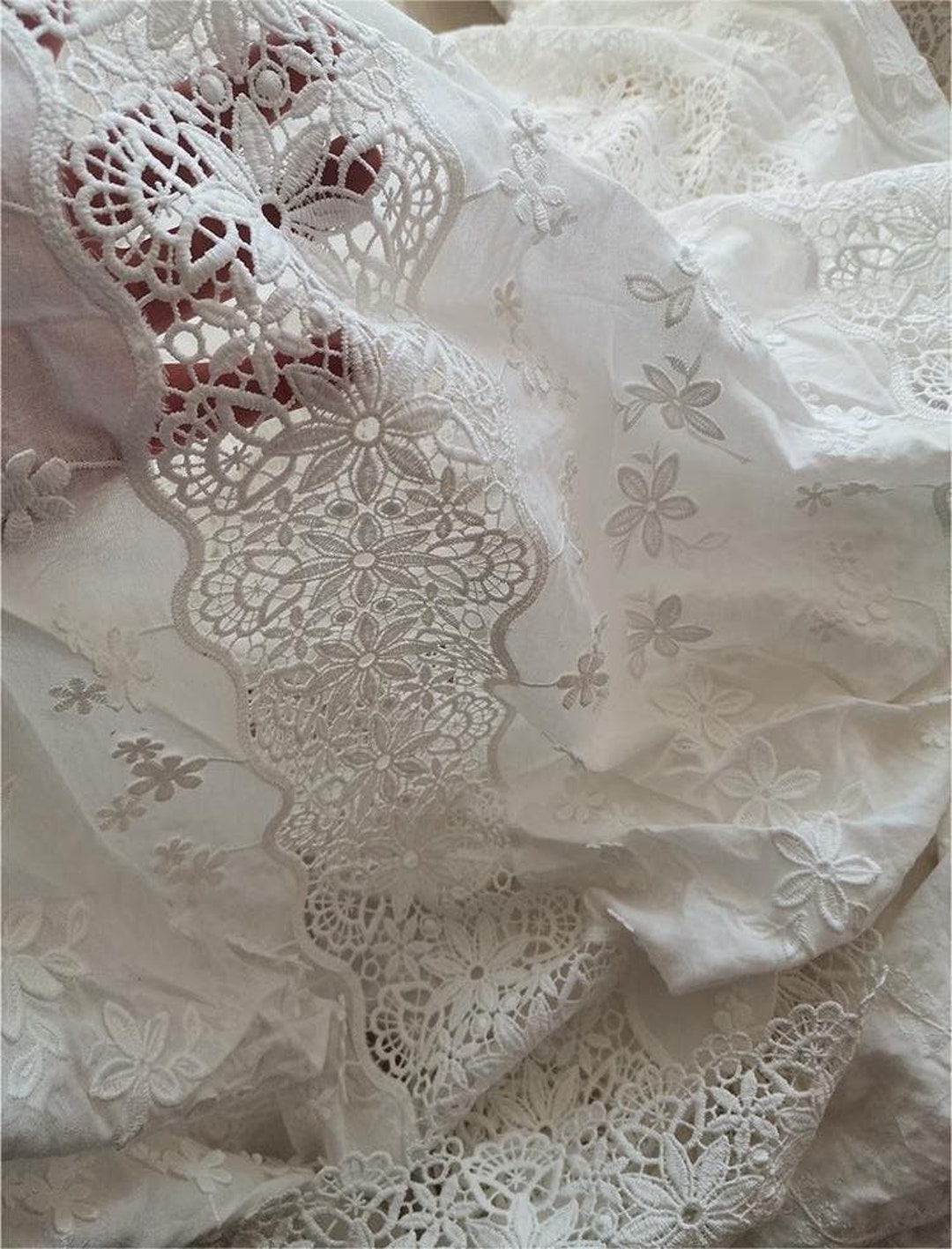 White Lace Cotton Fabricembroidered Floral Fabrictablecloth - Etsy