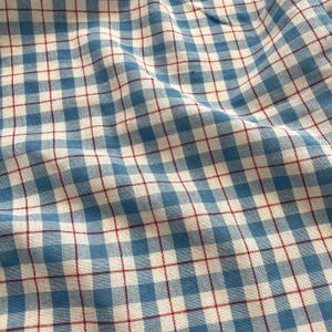 Pode incluir: Close-up de um tecido xadrez azul e branco com linhas de grade vermelhas. O tecido tem uma aparência macia e texturizada, com o padrão criando um design xadrez clássico. O tecido está ligeiramente enrugado, sugerindo que é um pedaço de tecido.