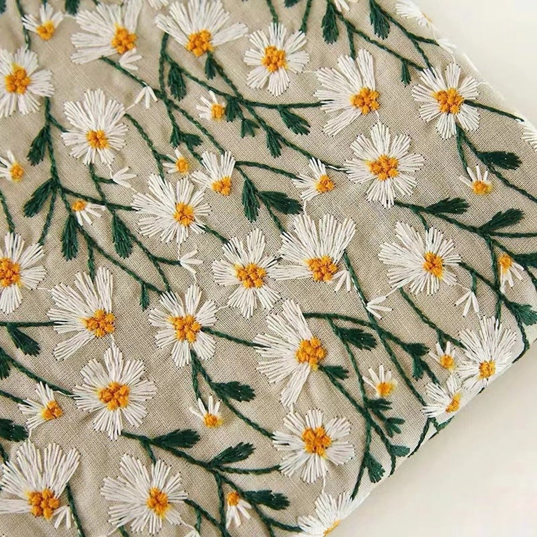 Daisy Linen Embroiderd Fabricembroidered Daisy Fabricfloral Etsy