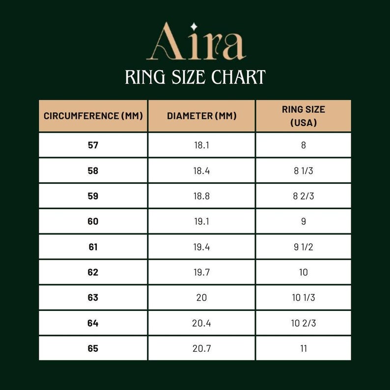 K&ouml;nnte beinhalten: Aira Ringgr&ouml;&szlig;entabelle mit US-Ringgr&ouml;&szlig;en, Umfang und Durchmesser in Millimetern. Die Tabelle reicht von Gr&ouml;&szlig;e 8 bis 11. Der Hintergrund ist dunkelgr&uuml;n mit wei&szlig;em und goldenem Text.